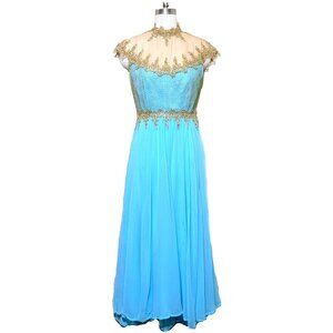 Vintage 1960's Mike Benet Aqua Chiffon Embellished Gown SZ M